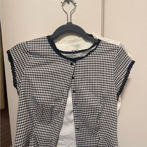 Reformation Black and White Gingham Lace-Trim Top